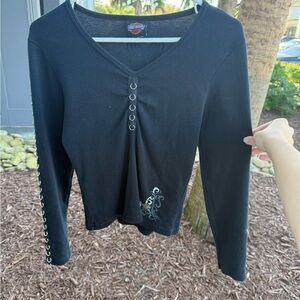 Harley Davidson Black V-Neck Long Sleeve Top